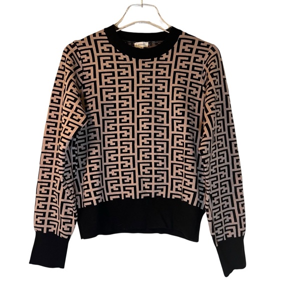 debut Sweaters - Debut Brown Black Geometric Cropped Sweater Crew Neck Long Sleeve Women M NWT